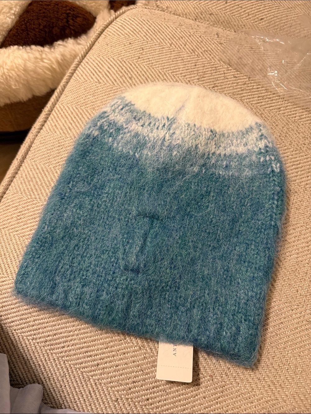 Anthropologie Mint and Cream Ombre Fuzzy Beanie